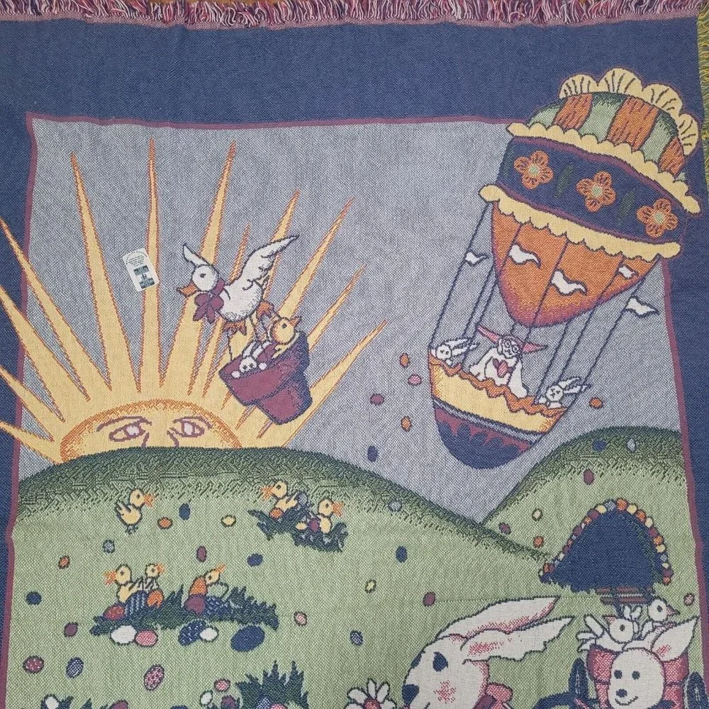 Vintage Tapestry Throw Blanket Easter Spring Bunnys Rabbits Chicks Large 72 x 48